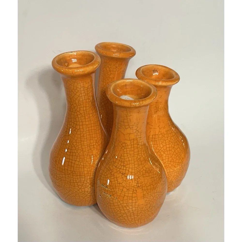 Vintage 70s Bud Vase Crackled Orange Glaze Ceramic 4 Chamber MCM Decor 7x6.5